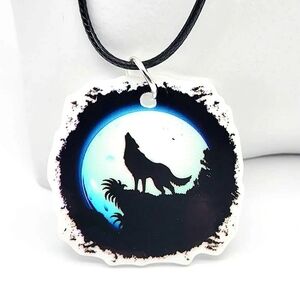 Dark Midnight Summer Moon Sky Howling Wolf Mountain Art Necklace